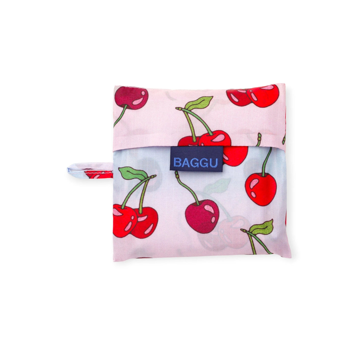 Folded cherry-print tote with BAGGU logo patch, white inner edge