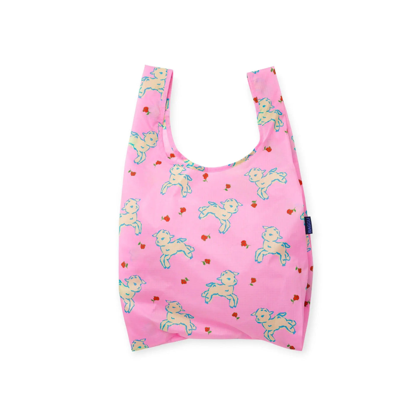 Pink lamb-print reusable tote bag with open U-shaped neckline