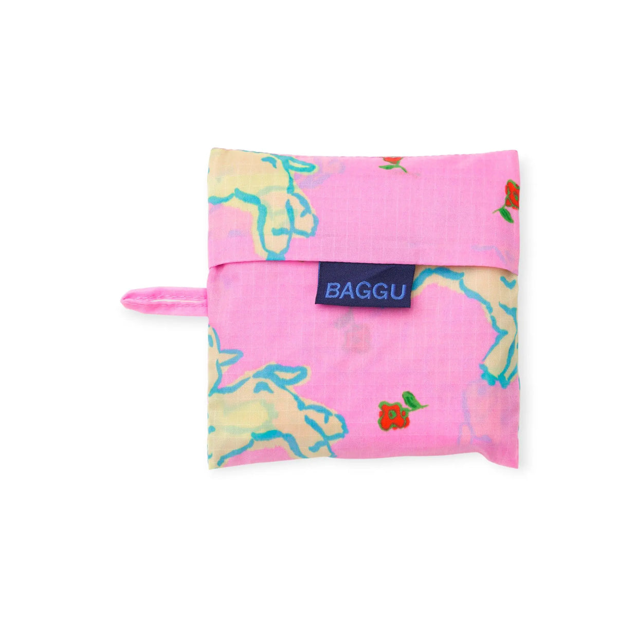Folded pink lamb-print Baggu bag with BAGGU logo patch