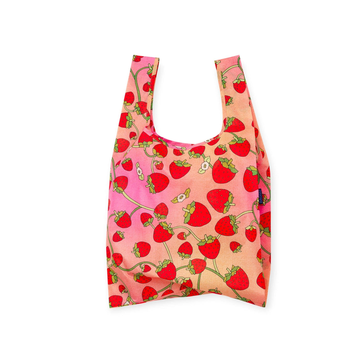 Strawberry print reusable tote bag with open top, peach-pink and red pattern