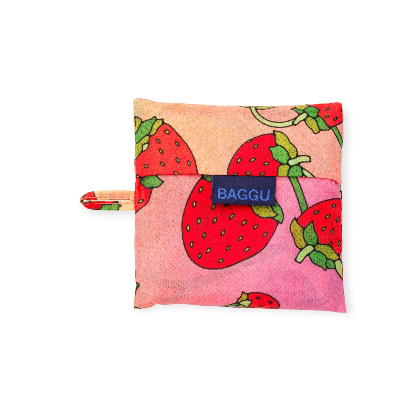 Strawberry print zip pouch with 'BAGGU' logo, pink fabric and small loop handle