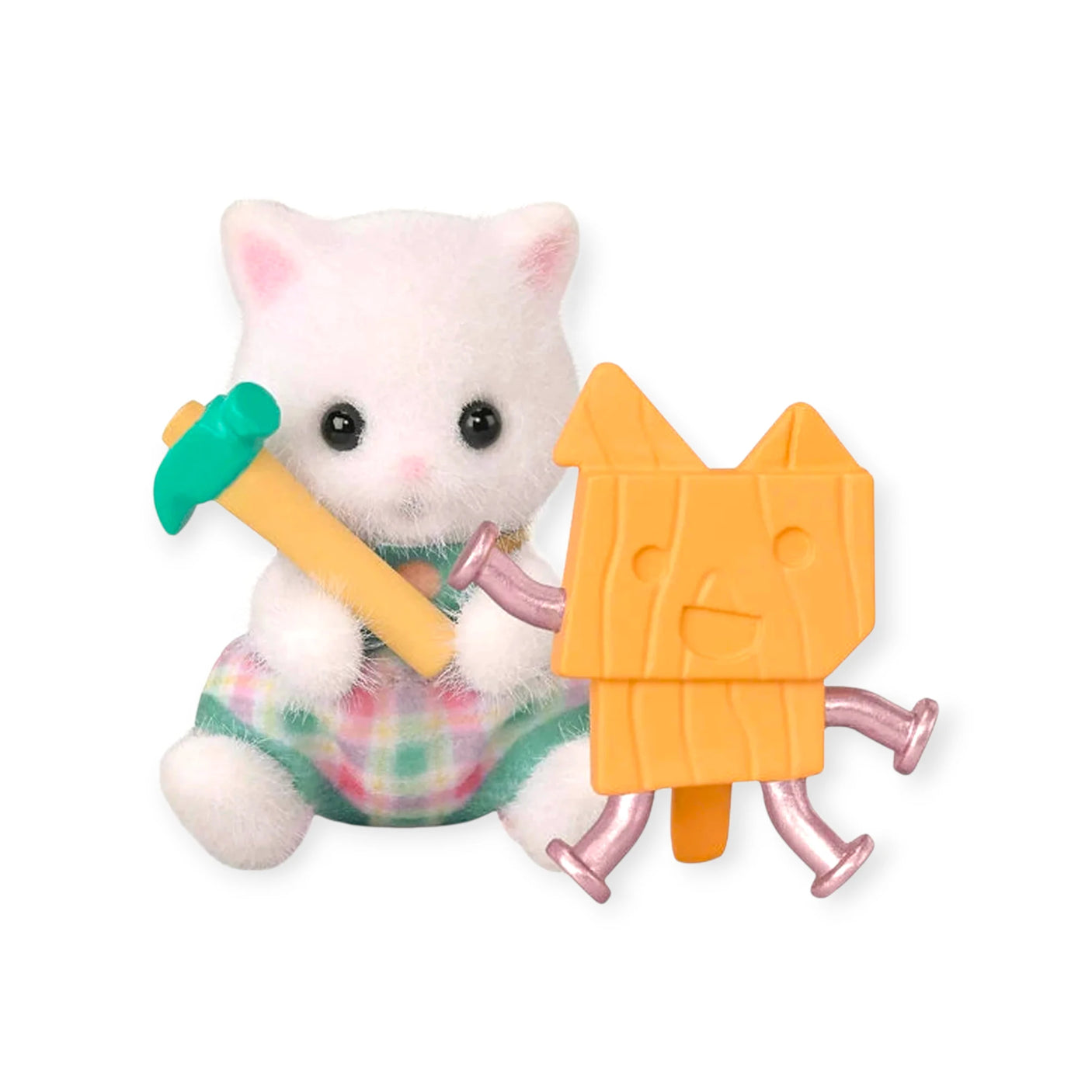 A cute white toy cat in a plaid dress holds a plastic hammer beside a yellow, smiling, cat-shaped figure—perfect for Sylvanian Families fans and collectors of the Blind Bag - Baby Builder series.