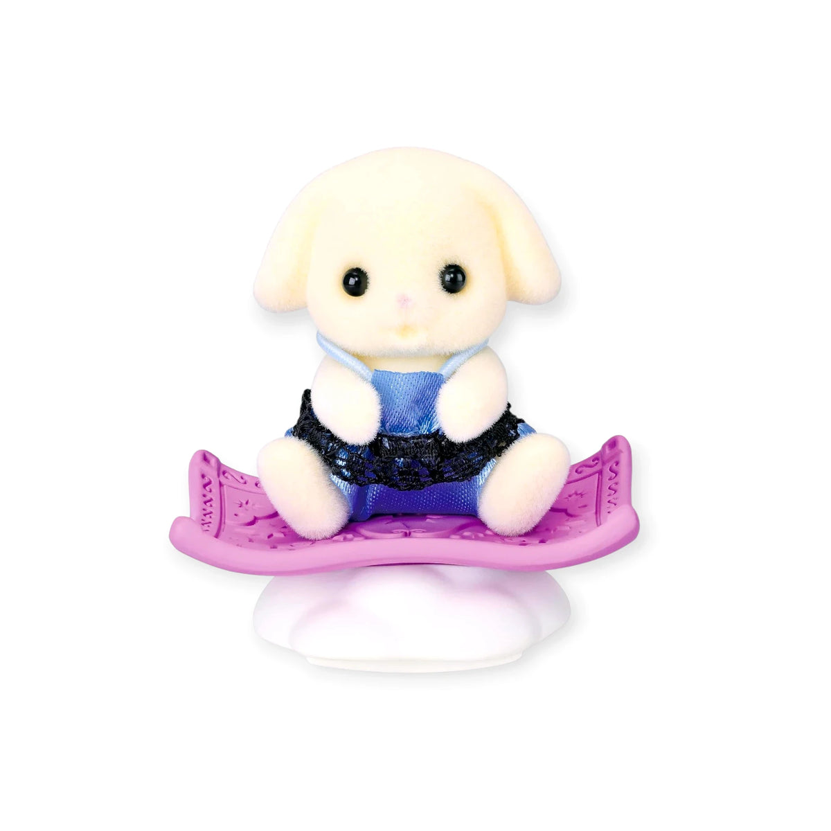 Cute baby rabbit figure in blue vest, sitting on a purple stand.