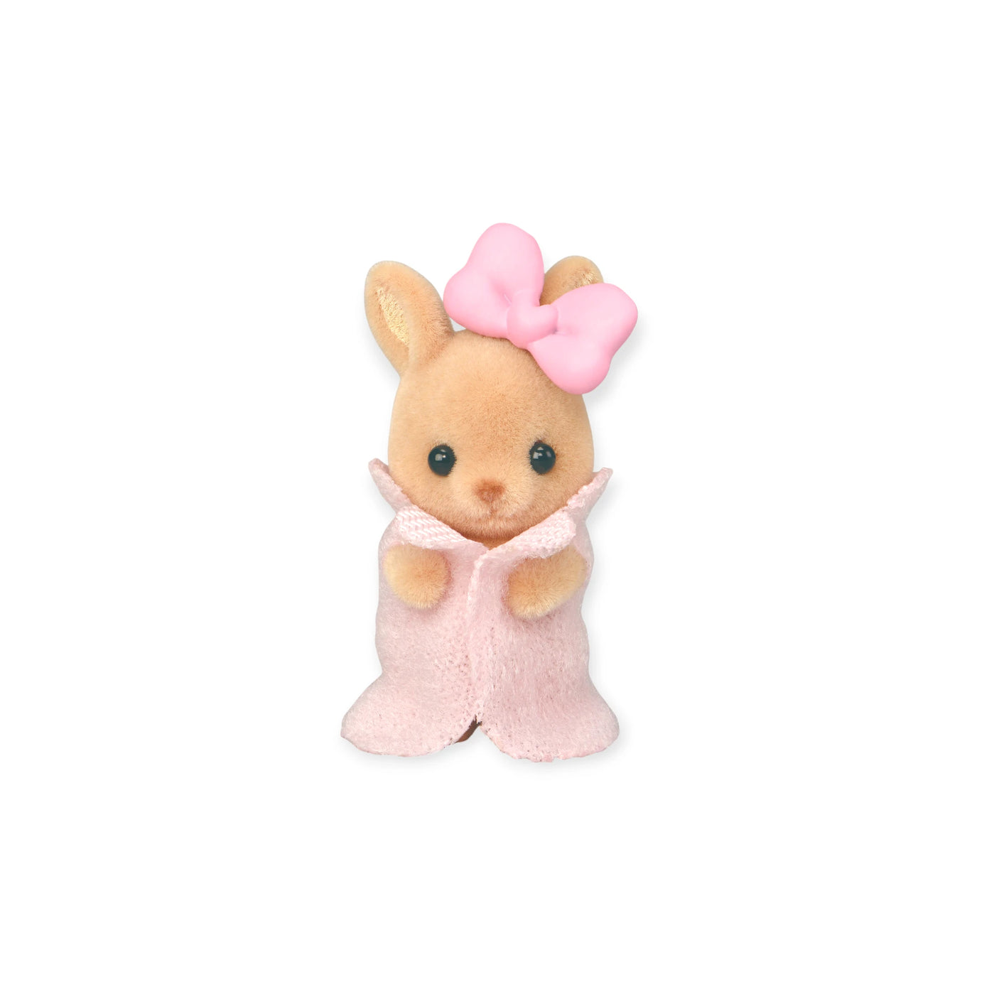 A Sylvanian Families Blind Bag - Baby Fun Hair toy bunny, by Sylvanian Families, stands upright with a pink bow hair accessory and pink blanket against a plain white background.