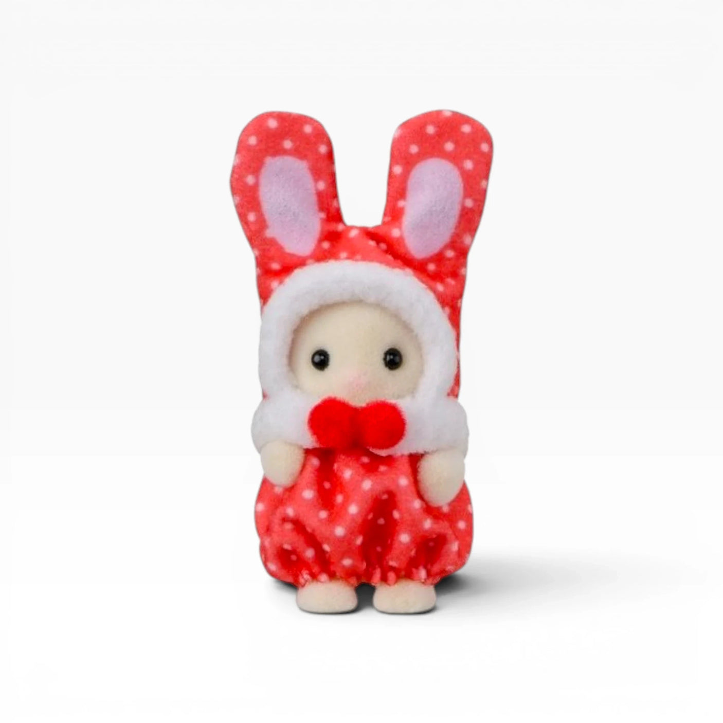 Red baby bunny plush costume with white fur trim and red polka-dot outfit