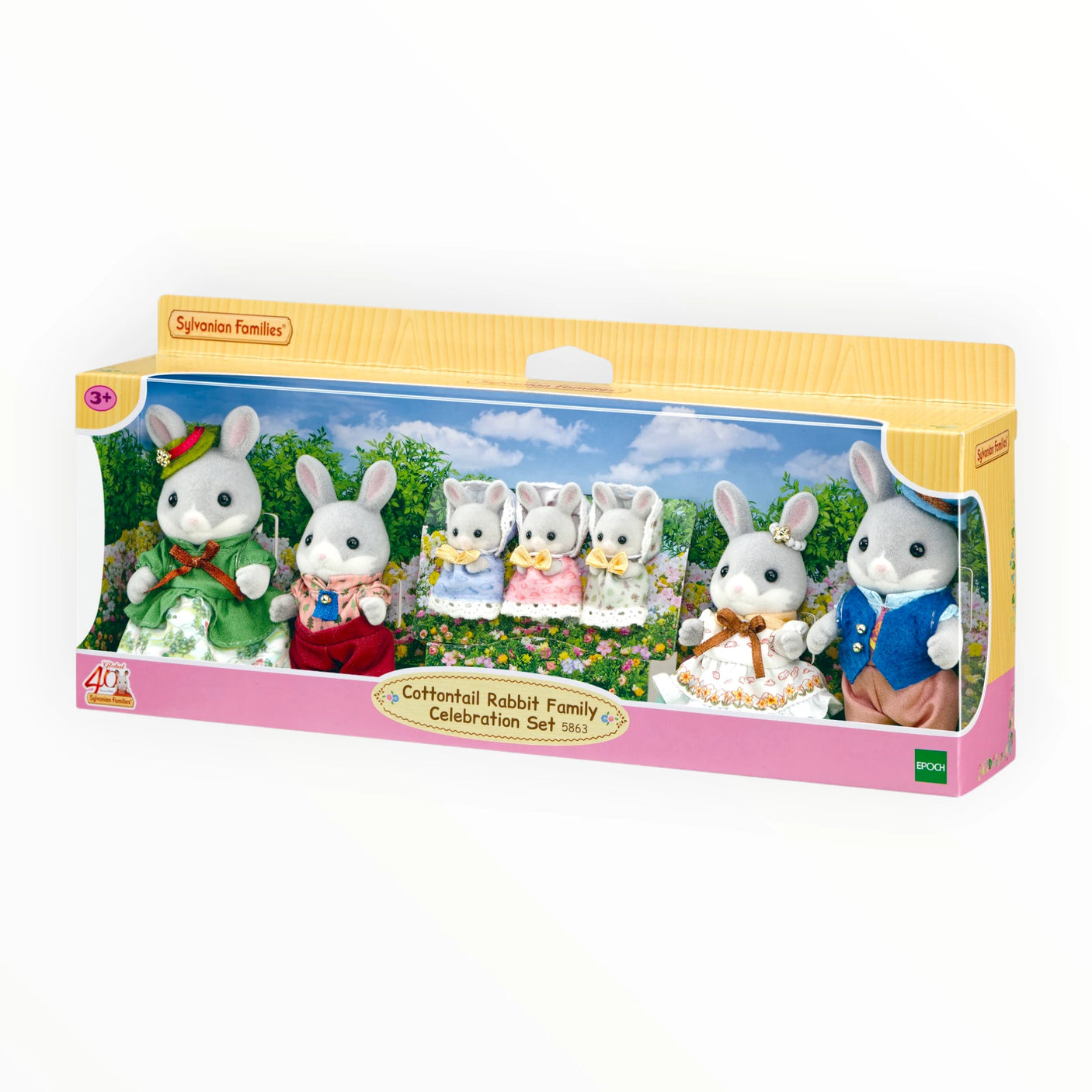 Sylvanian Families - Cottontail Rabbit Family Celebration Set with seven dressed rabbit figurines in festive outfits in packaging