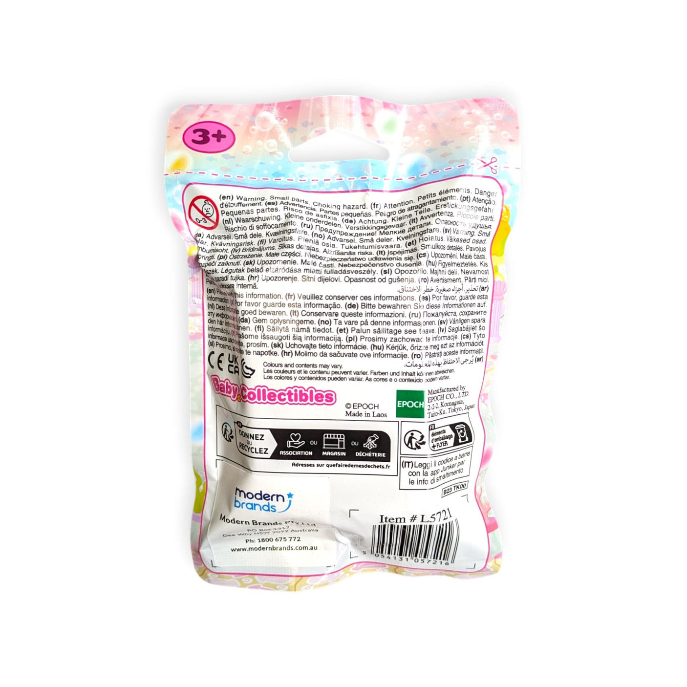 Toy collectible blind bag in pink plastic with age 3+ label and barcode