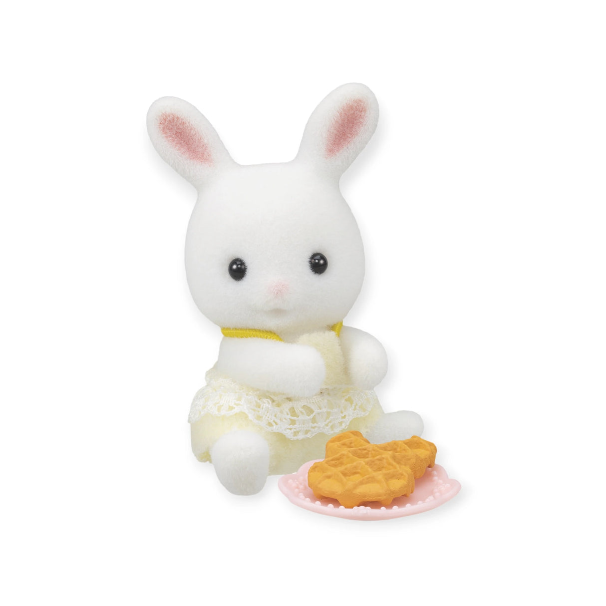 A white bunny with pink ears sits beside a pink plate with two waffles, part of the Sylvanian Families Blind Bag - Baby Treats by Sylvanian Families.