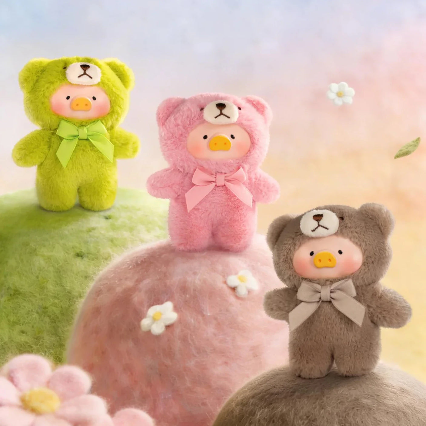 Teddy LuLu - Whispers of Nature Plush Charm - Blind Box showing three piggy plush charms in pastel teddy suits by LuLu The Piggy