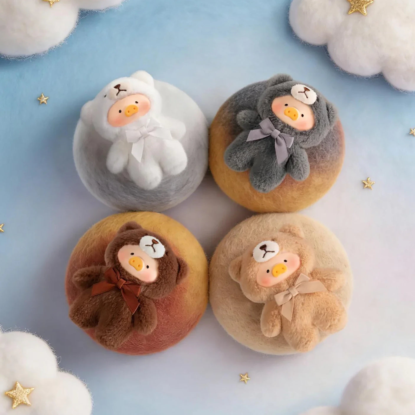 Teddy LuLu - Whispers of Nature Plush Charm - Blind Box showing four LuLu The Piggy plush charms in varied teddy suits on woolen cushions