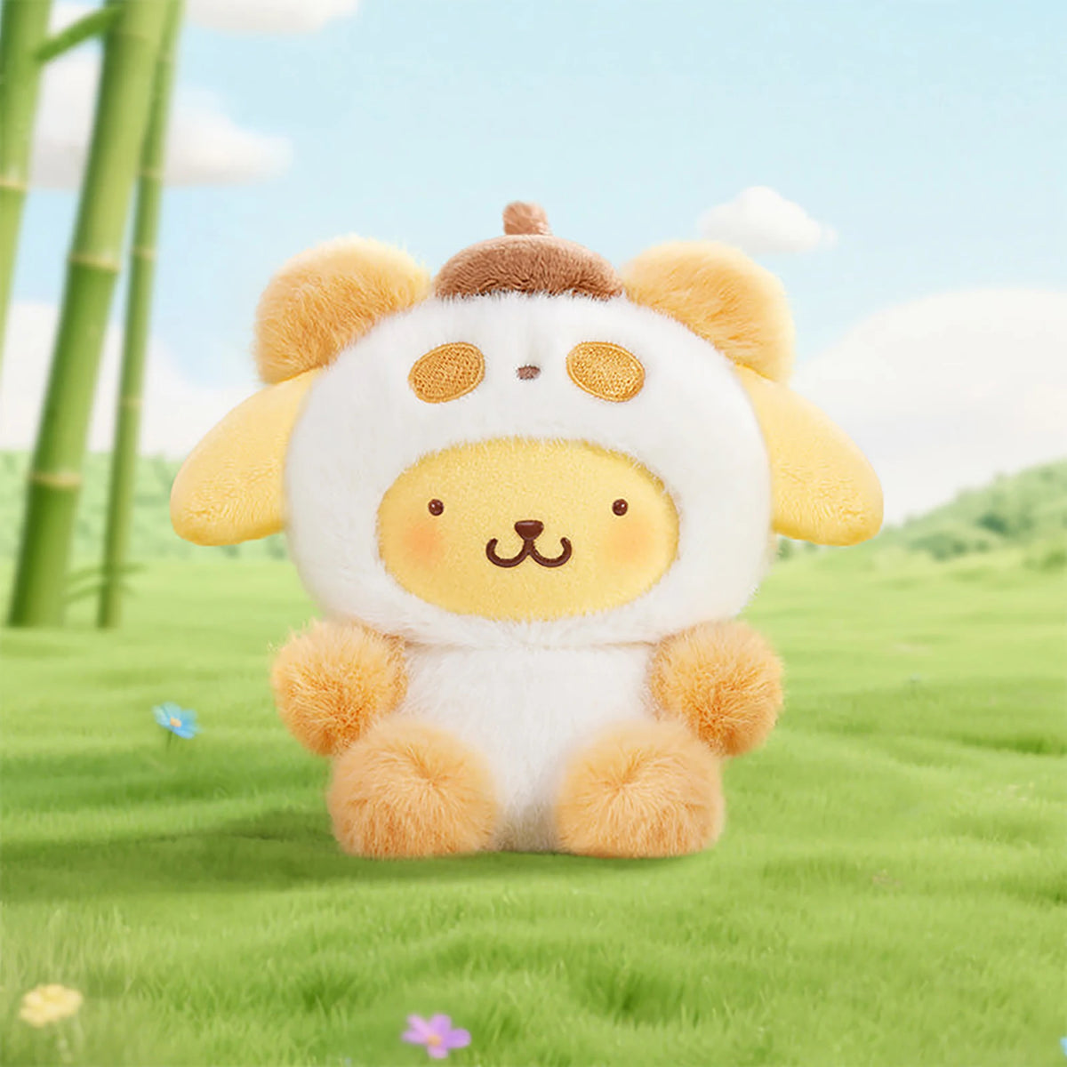 Yellow and white panda plush pendant with smiling face, soft stuffed toy.