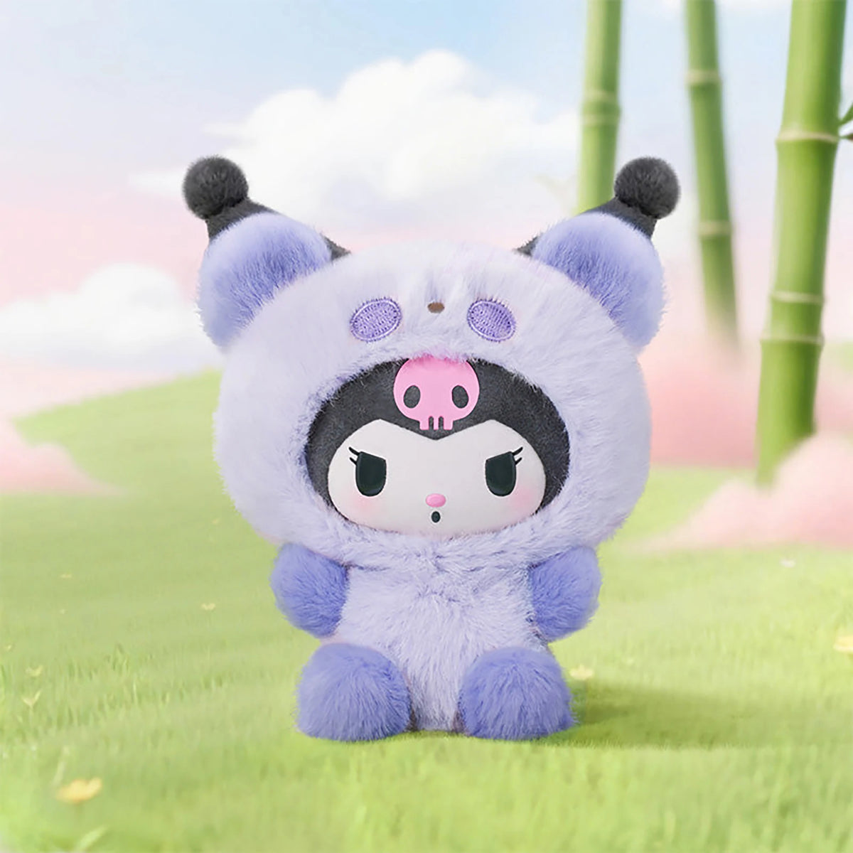 Light purple panda plush pendant with embroidered face and dark eye details, soft toy.