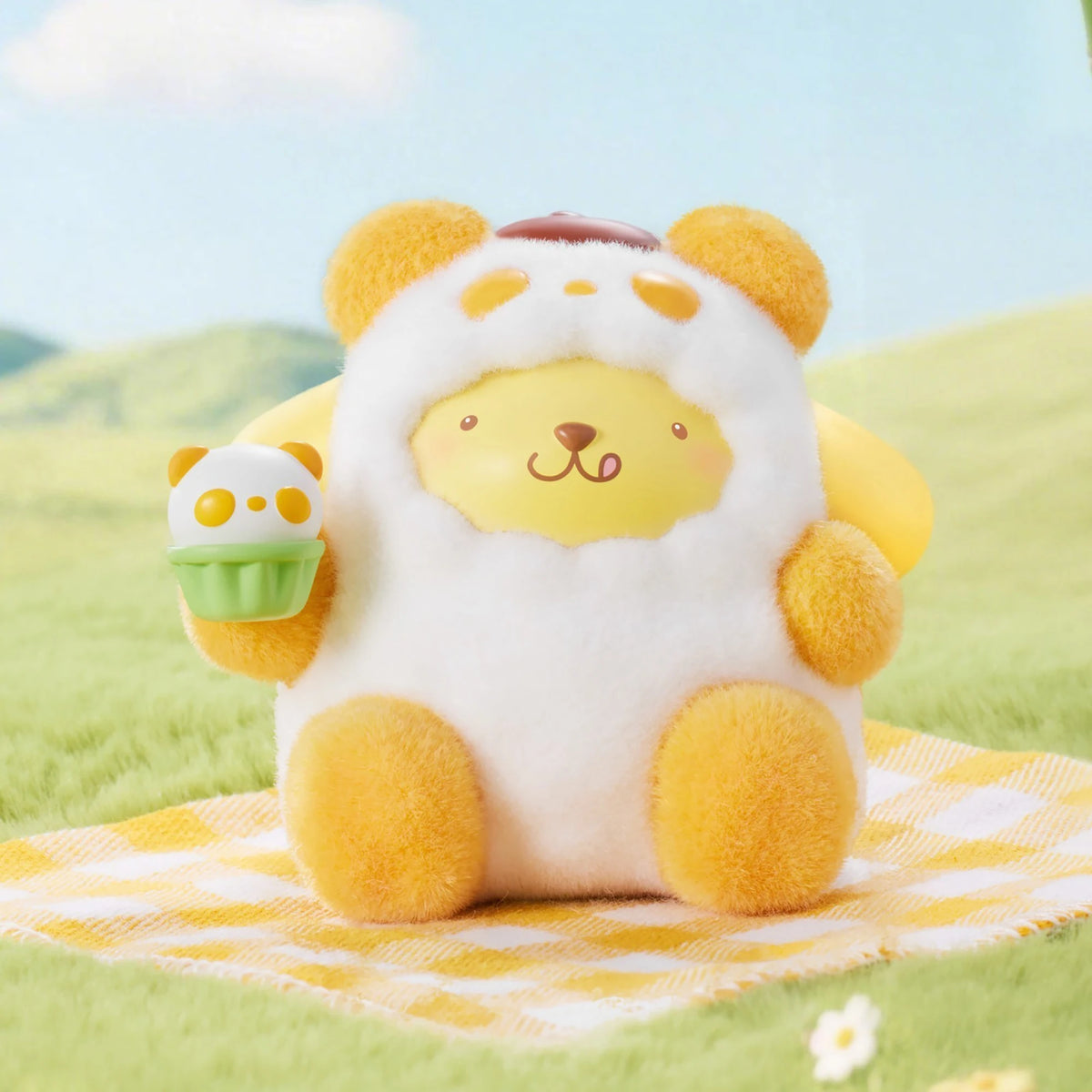 Flocked panda blind box figure with yellow ears and holding a green ice cream accessory
