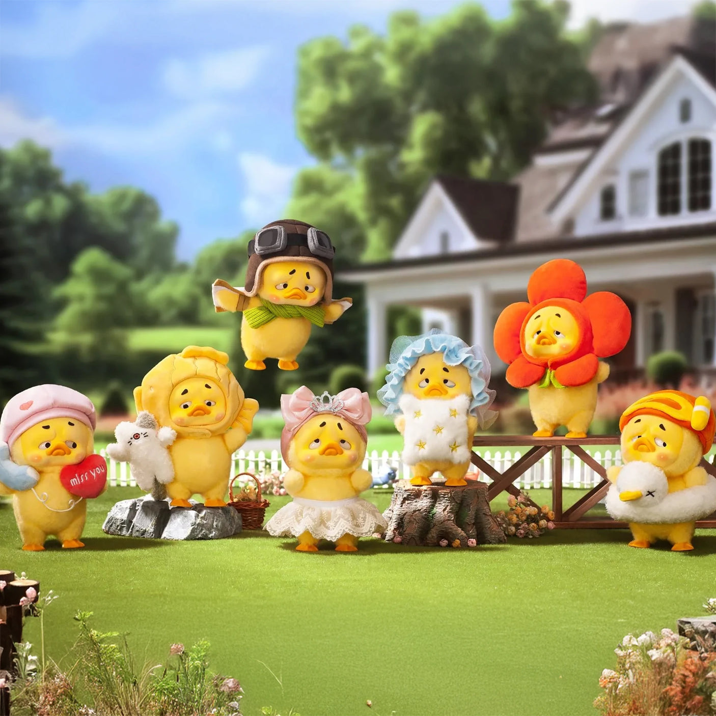 Multiple duck blind box figures in different costumes arranged outdoors