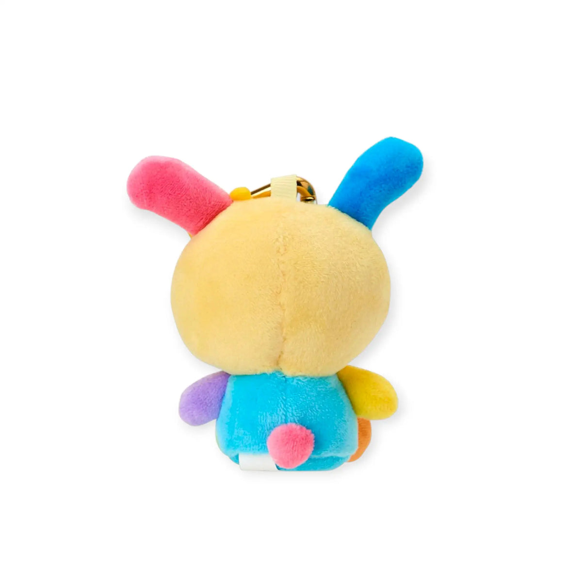 Plush heart clasp keychain with yellow character, blue body, gold ring and pink accents