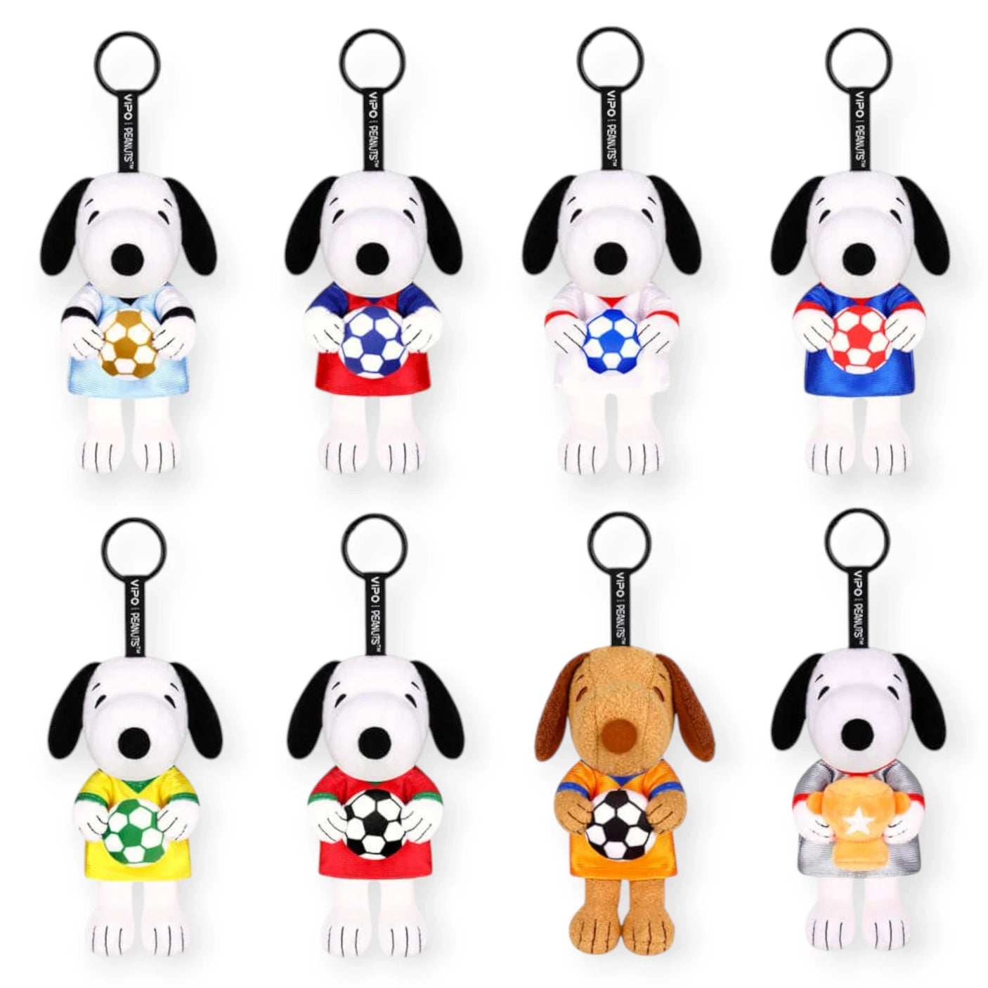 Snoopy soccer plush keychain set with different jerseys and soccer balls