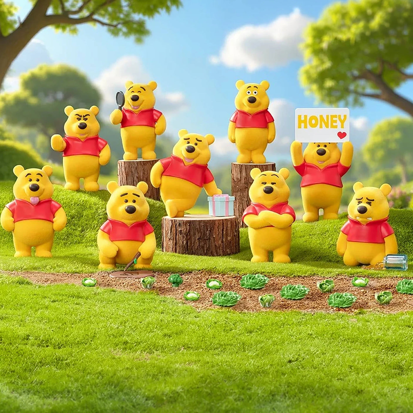 Winnie the Pooh bear figure set, yellow with red shirts and funny face expressions