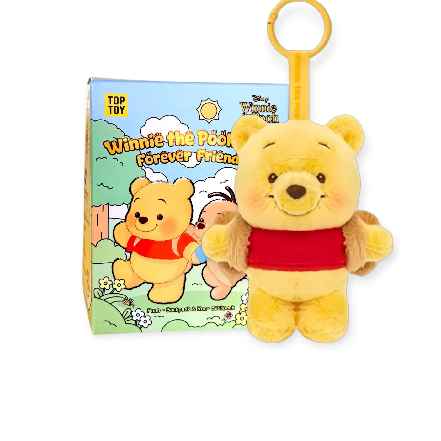 Pooh plush keychain with yellow loop and red outfit, shown with box
