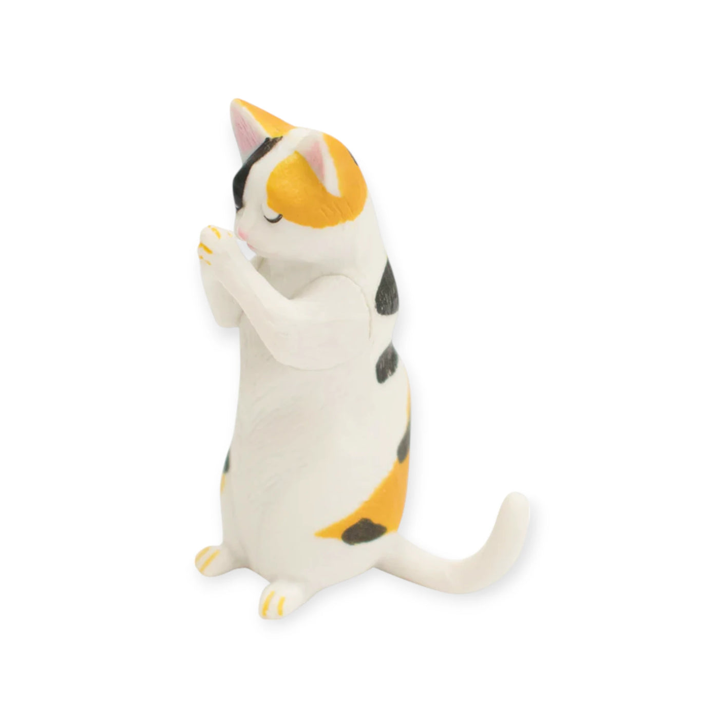 The Yell Praying Animals Blind Box features a small white cat figurine with orange and black spots, sitting upright with raised front paws and closed eyes—ideal for collectors and fans of spiritual animal figures.