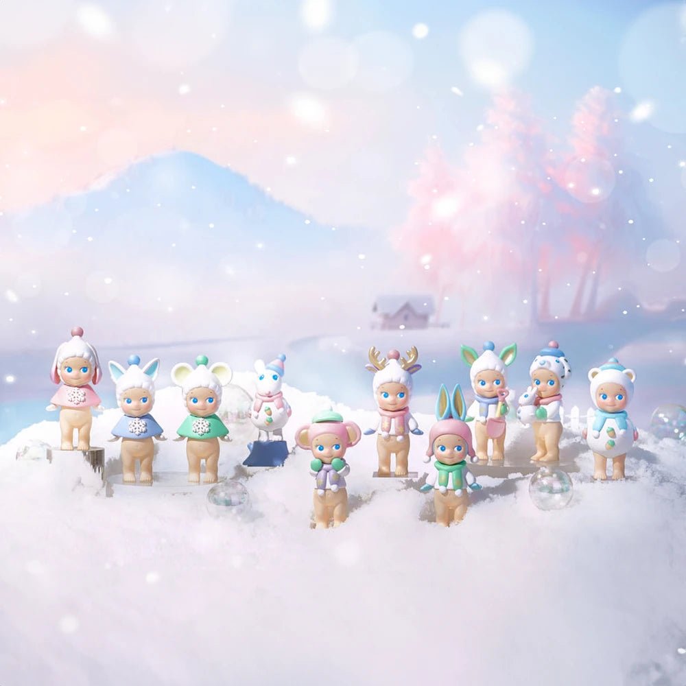 Sonny Angel Winter Wonderland mini figures standing together in winter outfits