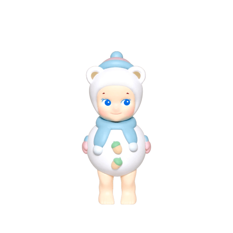 Sonny Angel Winter Wonderland mini figure in white bear hat and light blue hooded outfit