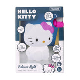 The Hello Kitty Silicone Night Light by Hello Kitty is 7 inches tall, made from squishy silicone. It features tap-to-change brightness and a pulsing mode, perfect for ages 3+.