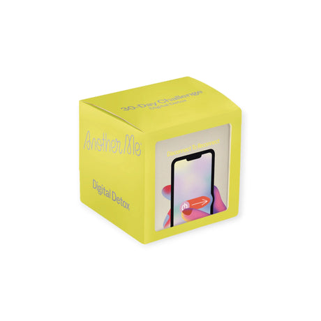 Yellow cube-shaped box for Another Me 30 Day Digital Detox Challenge showing phone screen with disconnect icon, gallery position 1