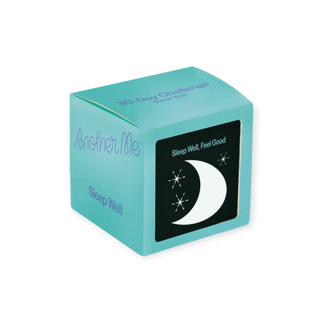 Cube-shaped turquoise box for Another Me 30 Day Sleep Wellness Challenge with crescent moon and stars design, gallery position 1