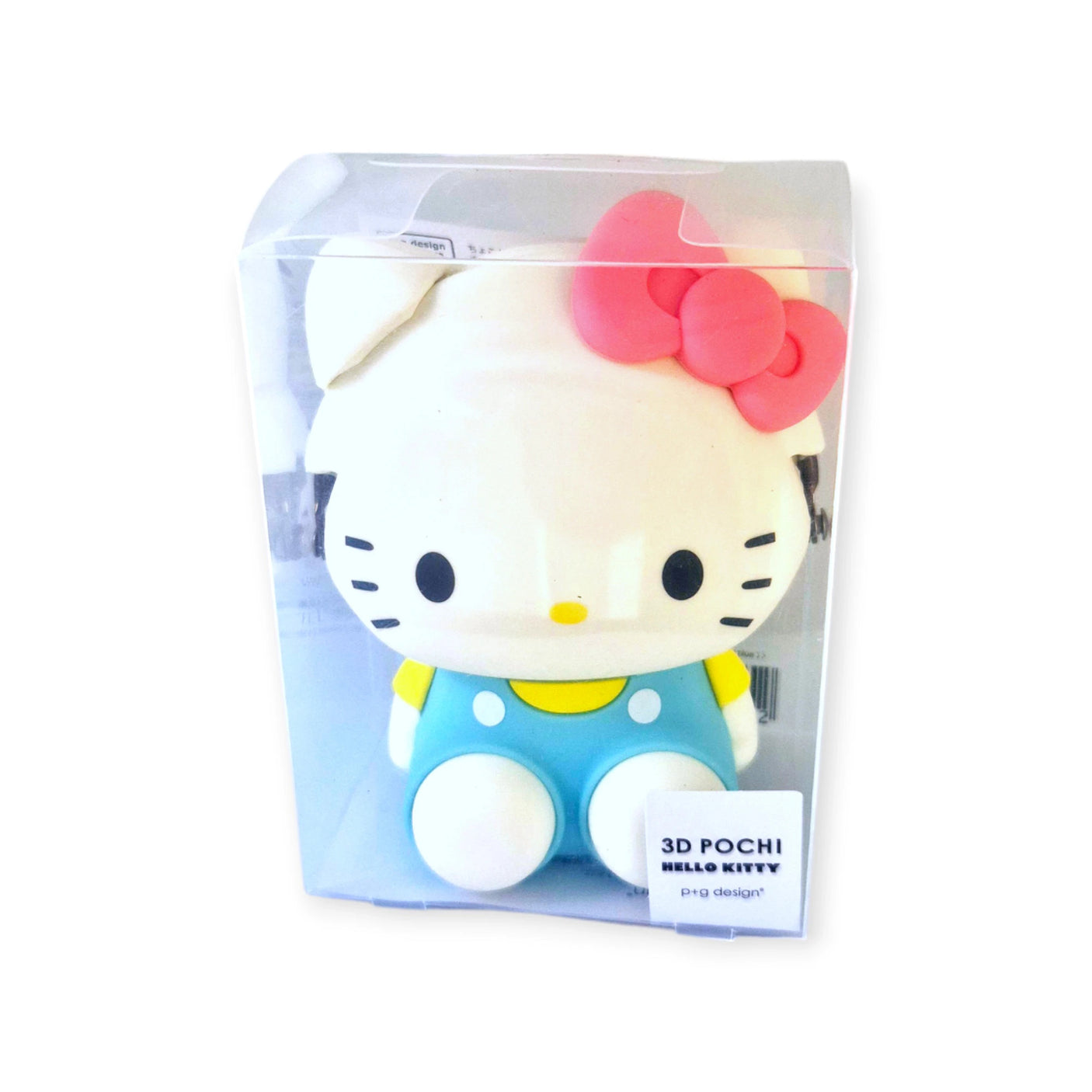 The 3D Hello Kitty Case - Light Blue is a coin purse featuring the iconic white cat with a red bow and blue overalls. Made by Hello Kitty with durable silicone, it combines style and practicality for daily use, presented in clear packaging.