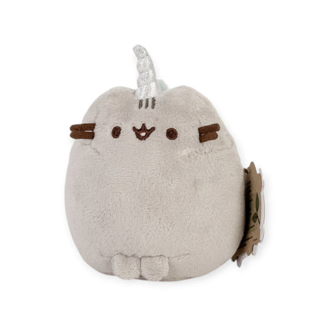 A 13cm Pusheen Unicorn & Mermaid Plush, from the Pusheen brand, is a mini gray unicorn cat with a striped horn and intricate embroidered details reminiscent of whimsy.