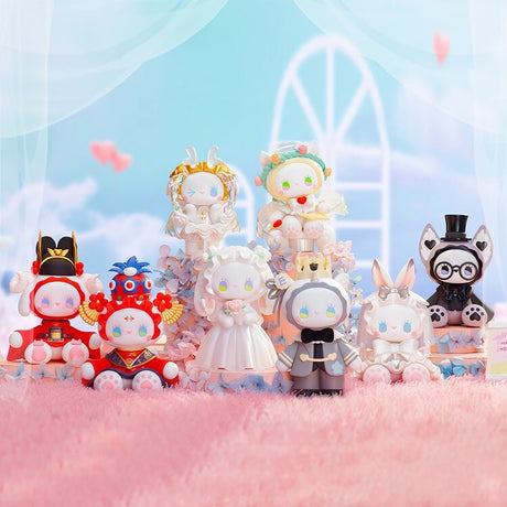 The Lucky Emma Secret Forest Wedding collection features nine colorful, hand-painted figures in cute costumes and accessories on a pink surface, with a pastel sky and window backdrop. This blind box series unveils the enchanting charm of a secret forest wedding scene.