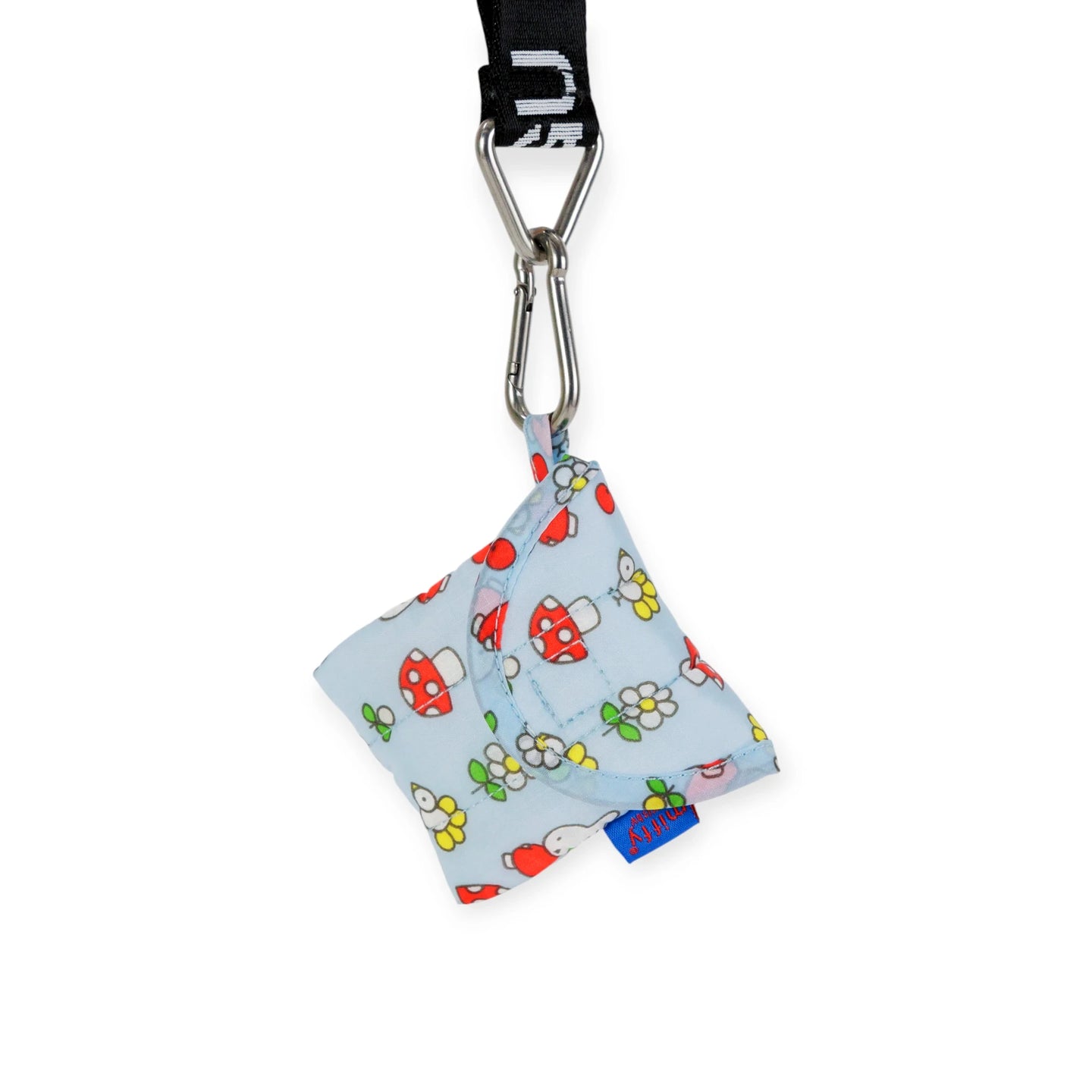 Light blue puffy earbuds case with cartoon mushrooms print and metal key ring clip