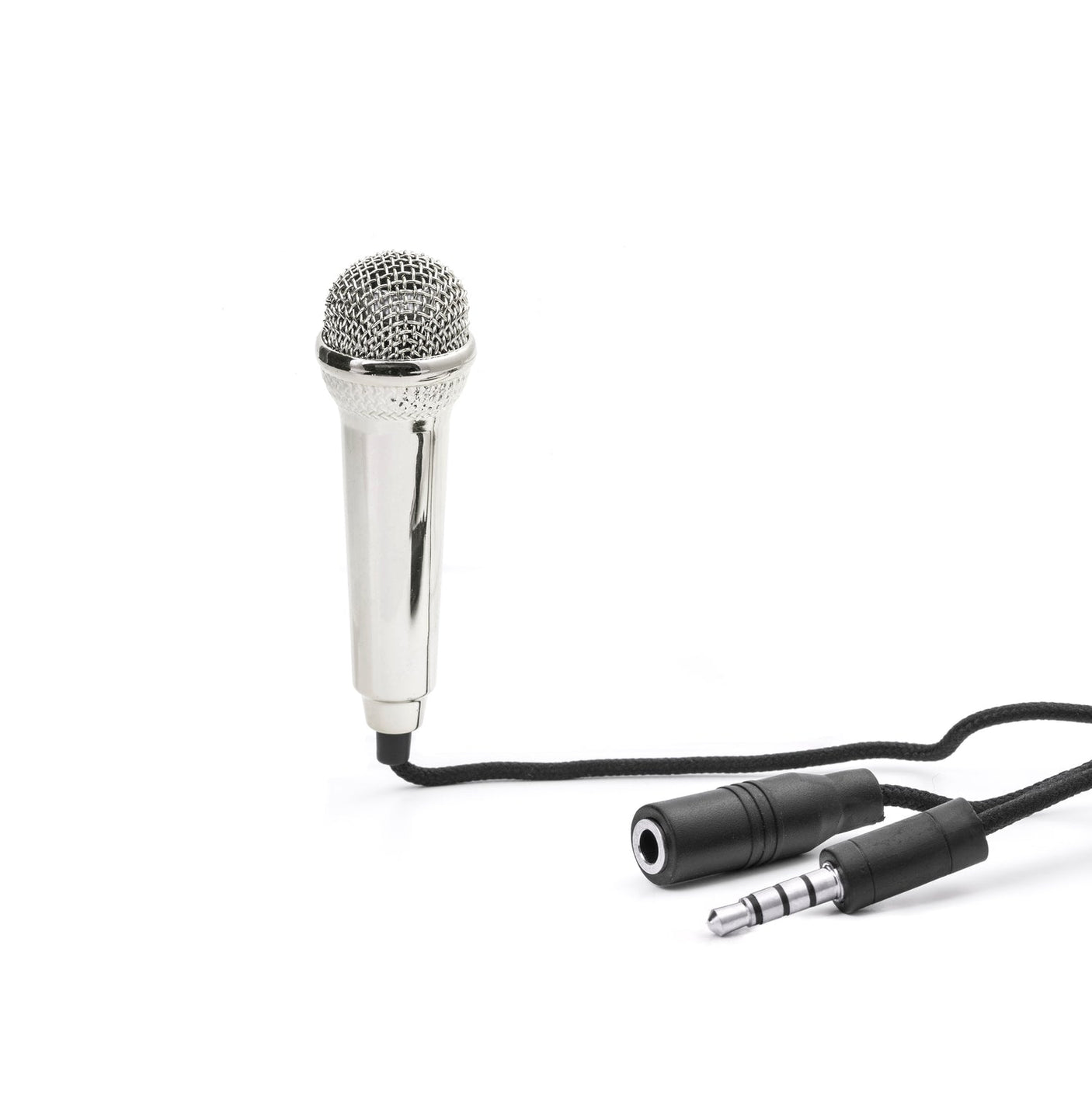 The Kikkerland Mini Microphone from Kikkerland showcases a sleek design with a silver mesh head and black handle, effortlessly connecting to a black cable equipped with two audio jacks, set against a white background. Ideal for impromptu performances or crafting social media content, this mini karaoke microphone combines convenience and style in one portable package.