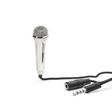 The Kikkerland Mini Microphone from Kikkerland showcases a sleek design with a silver mesh head and black handle, effortlessly connecting to a black cable equipped with two audio jacks, set against a white background. Ideal for impromptu performances or crafting social media content, this mini karaoke microphone combines convenience and style in one portable package.