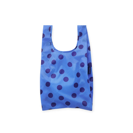 Blue polka dot baby tote bag with loop handles and U-shaped opening