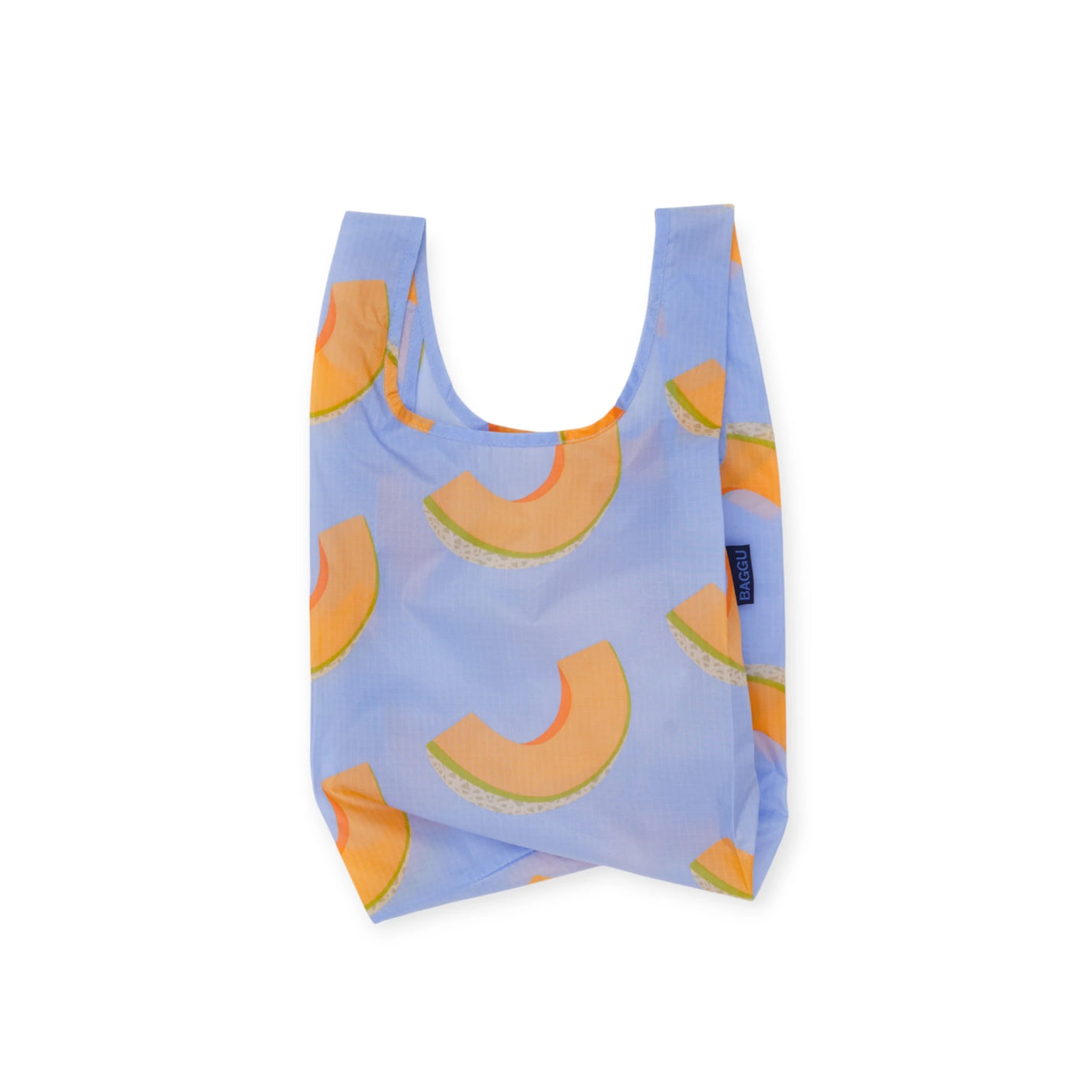 The Baby Baggu Reusable Bag in Cantaloupe Blue from Baggu features a melon pattern on blue and is made of recycled nylon.