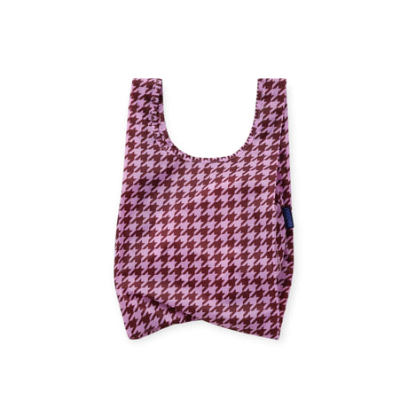 Pink houndstooth baby tote bag with wide U-shaped opening
