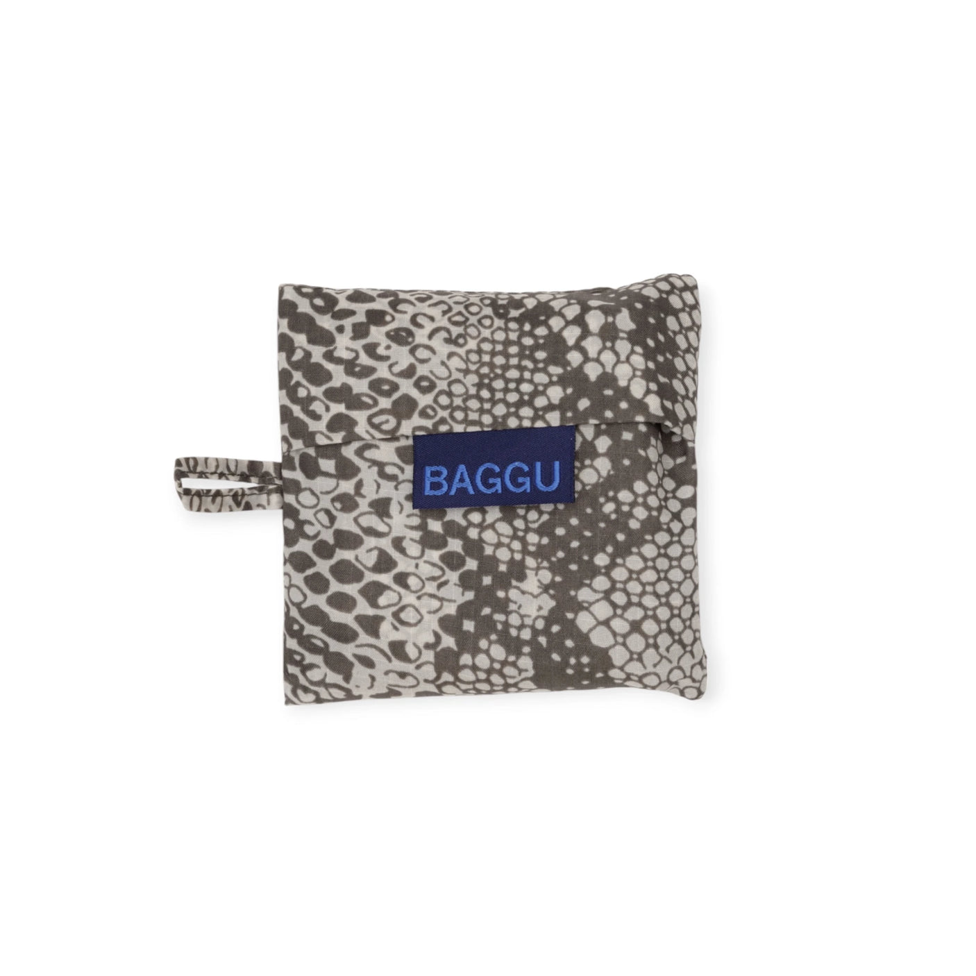 The Baby Baggu Reusable Bag by Baggu is a small square fabric pouch with a black and white snakeskin pattern and a blue "BAGGU" label, made from recycled nylon for eco-friendly style.