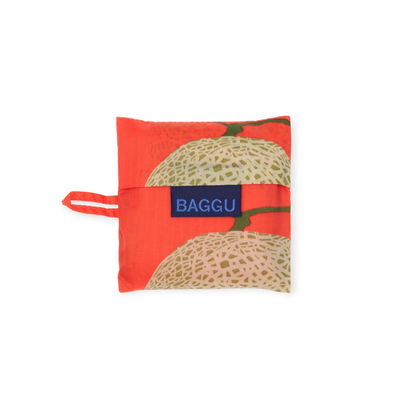 The Baby Baggu Reusable Bag - Yubari by Baggu is a small red fabric pouch with a melon graphic and a blue "BAGGU" label. Made from recycled nylon, it's eco-friendly and ideal for everyday use.