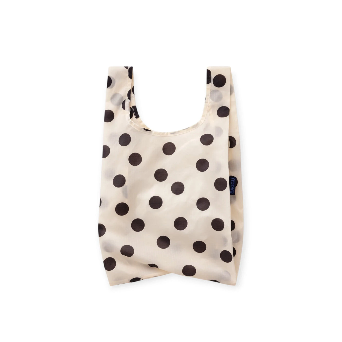Cream polka-dot baby tote bag with short handles and open top, black dot pattern