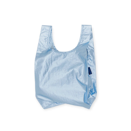 Introducing the Baby Baggu Bag in Metallic Light Blue by Baggu: a stylish reusable shopping bag with short handles, made from crinkled fabric, ideal for eco-conscious shoppers.