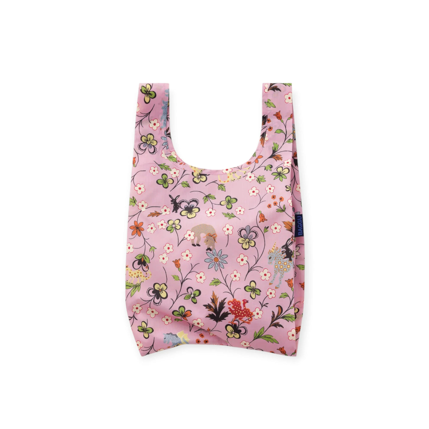 Baby Baggu bag, pink floral print foldable tote with wide U-shaped opening