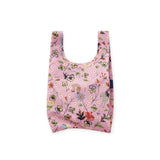 Baby Baggu bag, pink floral print foldable tote with wide U-shaped opening