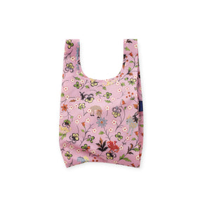 Baby Baggu bag, pink floral print foldable tote with wide U-shaped opening