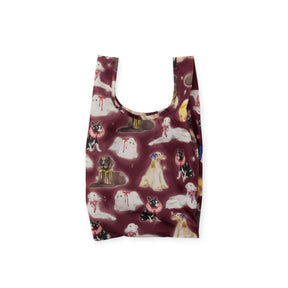 The Baby Baggu Bag - Fancy Dogs by Baggu is a reusable shopping bag made from recycled nylon, featuring a maroon backdrop and whimsical illustrated dogs in scarves and sweaters. Eco-friendly and stylish!.