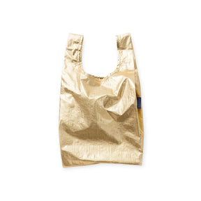 Gold metallic baby tote bag with open top and long handles