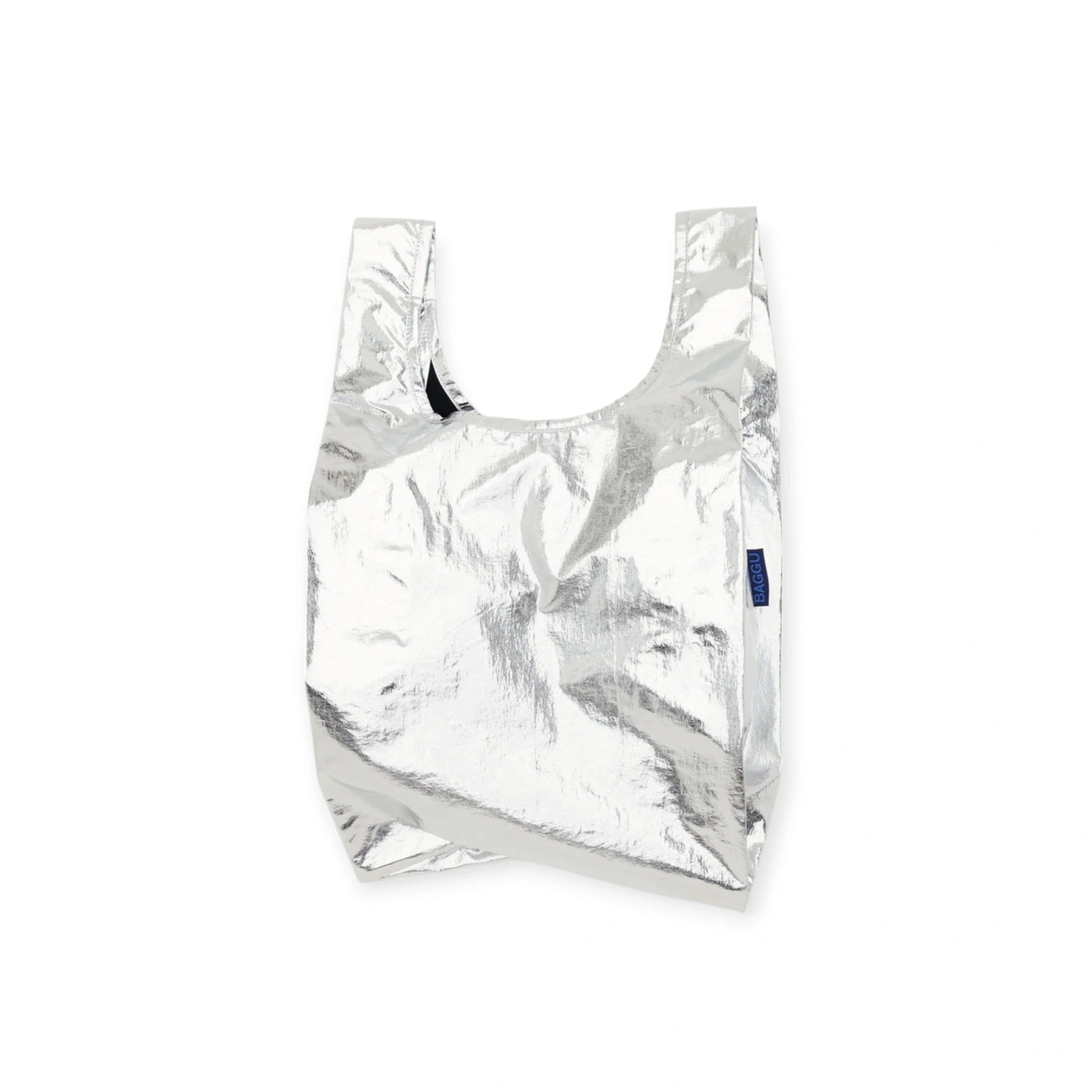 Baggu's Baby Baggu Bag in Metallic Silver is a chic and sustainable reusable shopping bag with handles, showcased against a white background.