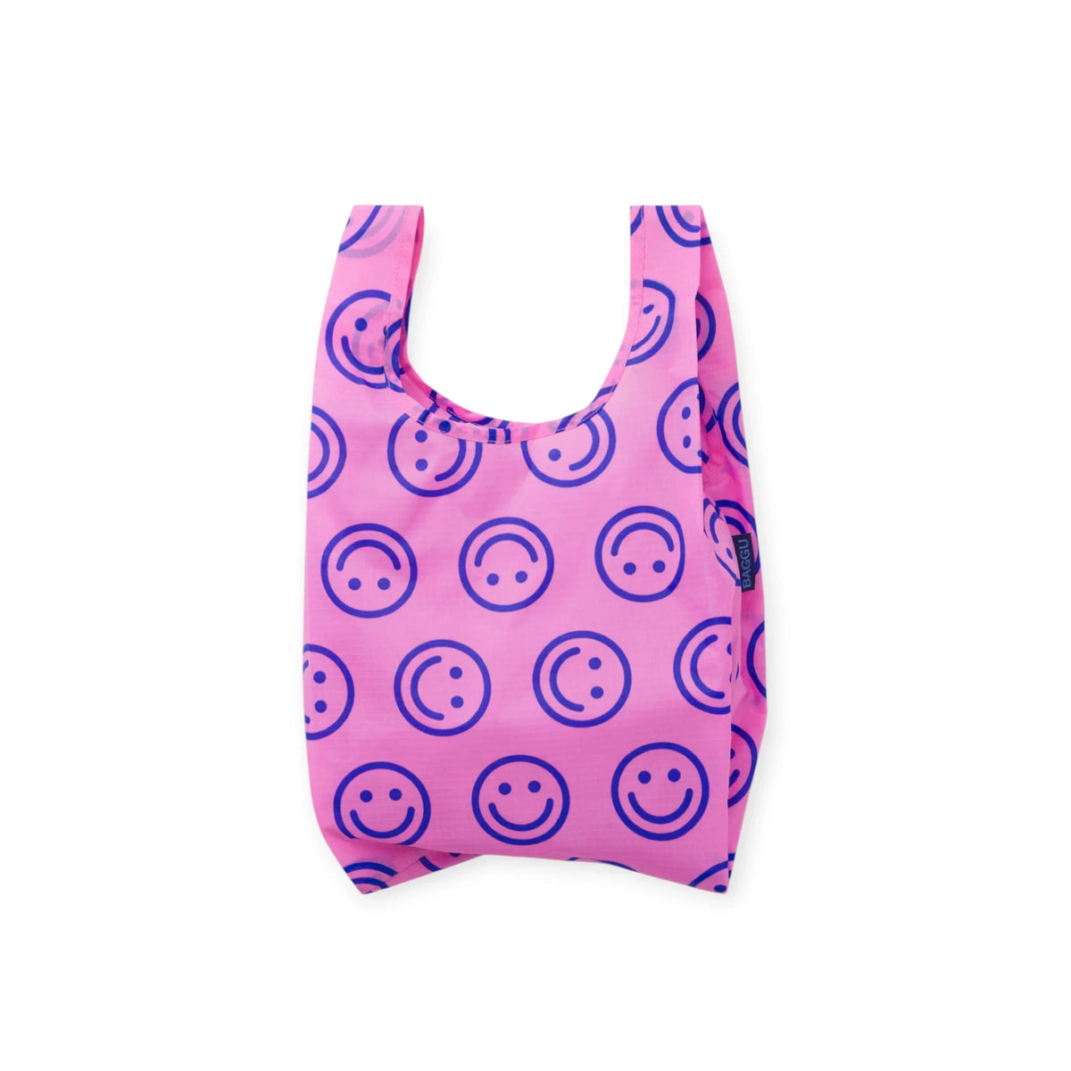 Pink baby tote bag with blue smiley face pattern