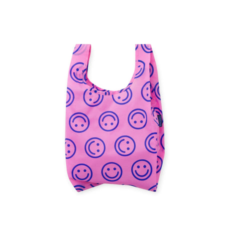 Pink baby tote bag with blue smiley face pattern