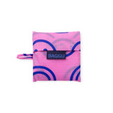 Pink Baggu mini bag with blue smiley pattern and logo label
